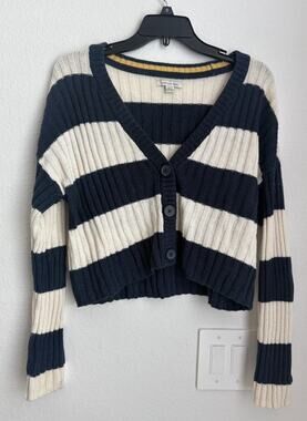 American Eagle Navy and White Striped Cropped Cardigan Size Small